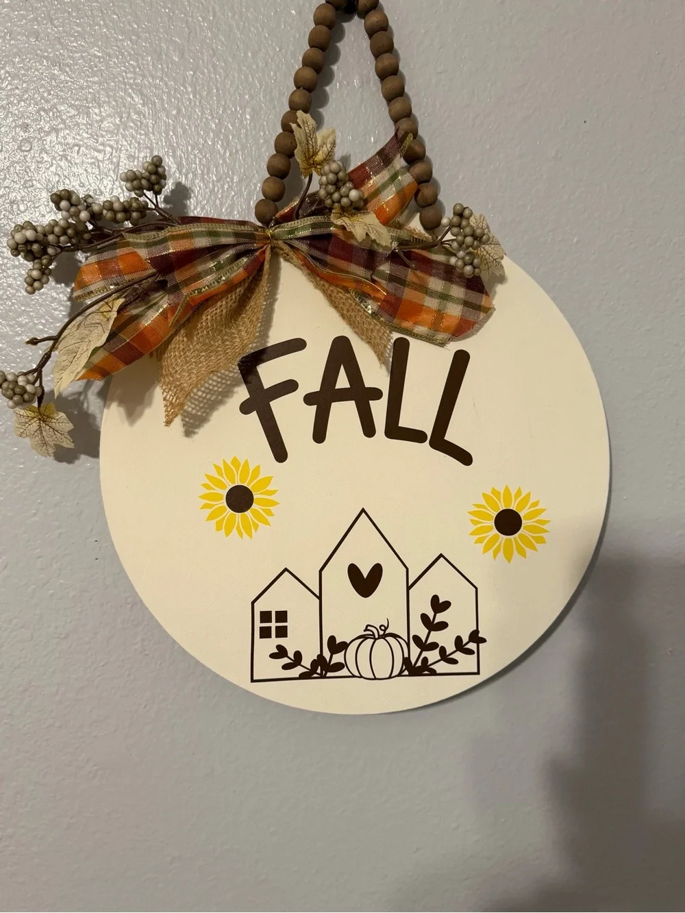 Fall Round Wall Sign in Cream and Brown with Yellow Accents